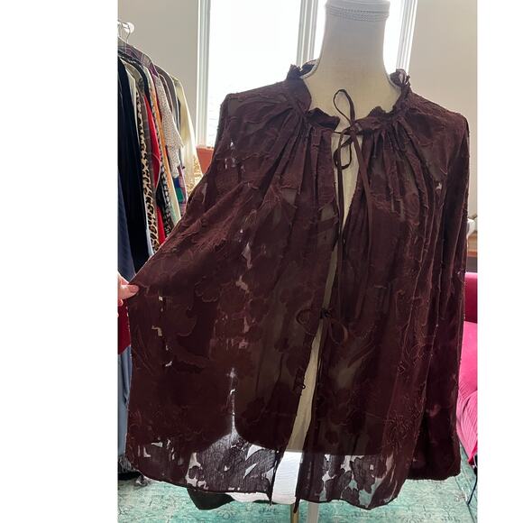 Dorothee Schumacher Burgundy Silk Lace Sheer Romance Tie Neck Blouse Top 4 $800 - Picture 16 of 16